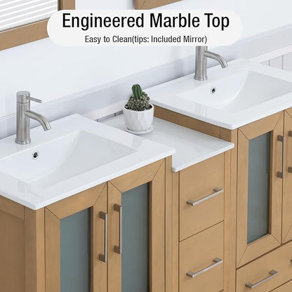 HOMEBEYOND 60 Inch Modern Bathroom Vanity with Sink & Mirror, Double Sink Vanity Cabinet with Basin and Mirror, Dove-Tailed Drawers, Soft-Closing Doors, Wood, Natural Oak