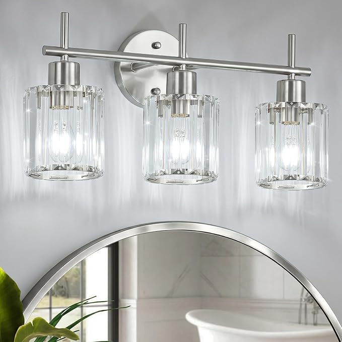 Brushed Nickel 3-Light Crystal Bathroom Vanity Light Fixtures, Round | Vanity Lights for Bathroom, Modern Bathroom Lighting Fixtures over Mirror (Bulbs Not Included, E26)