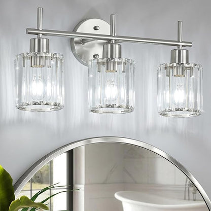 Brushed Nickel 3-Light Crystal Bathroom Vanity Light Fixtures, Round | Vanity Lights for Bathroom, Modern Bathroom Lighting Fixtures over Mirror (Bulbs Not Included, E26)