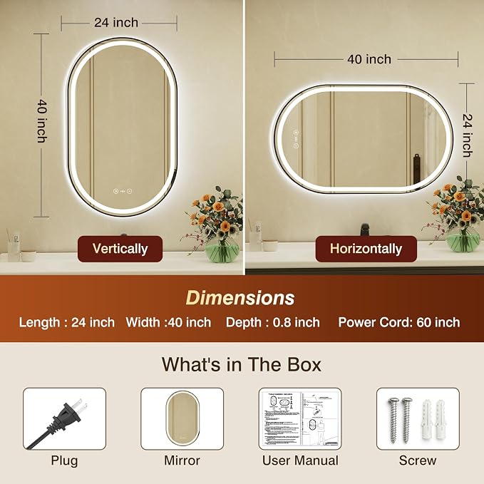 24x40 Inch Oval Black Framed LED Bathroom Mirror with Lights,Smart Bathroom Mirror,Motion Sensor,Tempered Glass,Anti-Fog,Stepless Dimmable & 3 Colors,Memory,Vanity Mirror for Wall