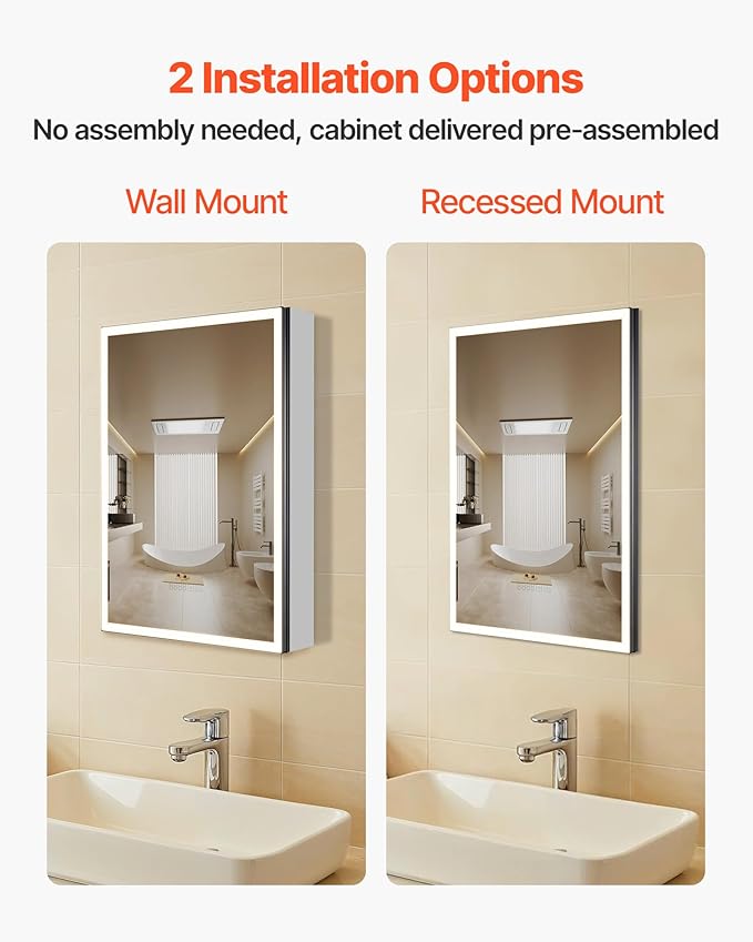 VEVOR Lighted Medicine Cabinet with Mirror, 20 x 28 in Recessed or Wall Mount, 3 Color Dimmable LED Bathroom Medicine Cabinet with Sensor Light, Adjustable Shelve Storage, Memory Defog Function