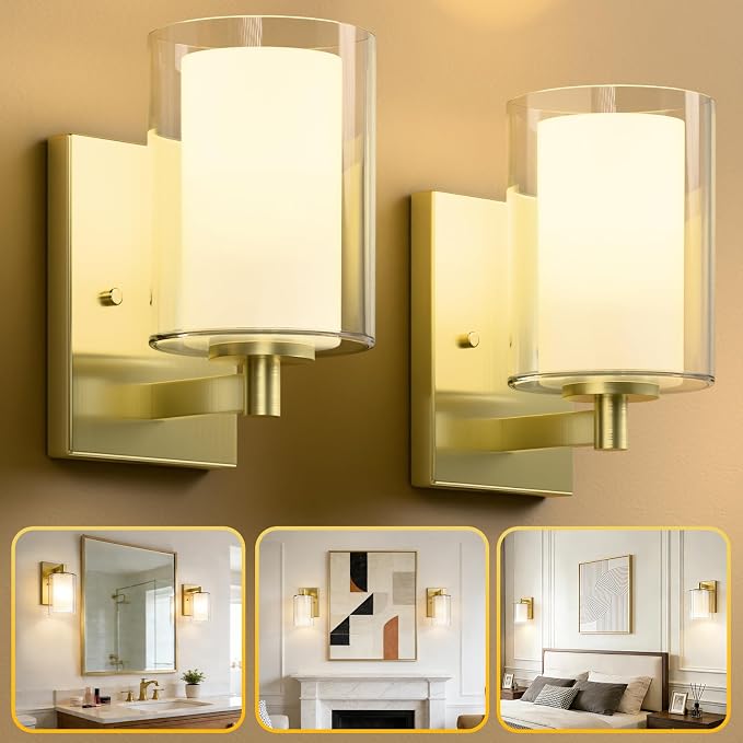 Wall Sconces Set of Two, Modern Gold Vanity Wall Lights | Double Clear Glass Shades With E26 Base, Farmhouse Wall Lights For Bathroom, Bedroom, Living Room, Mirror And Hallway.
