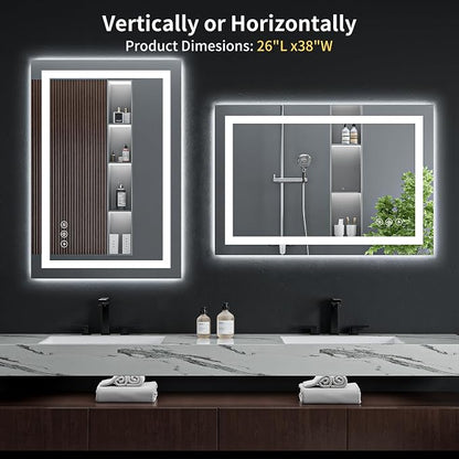 26"x38" LED Bathroom Mirror with Lights, Backlit+Frontlit, Anti-Fog | CRI 95, Stepless Dimmable, 3 Colors Lighting, Shatterproof Tempered Glass, HD Reflection, Memory, (Horizontal/Vertical)
