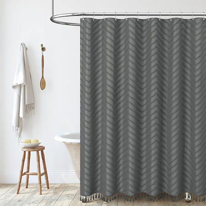 Extra Long Boho Shower Curtain Tufted Chevron 72x84 Charcoal Grey | 84 Inch Tall, Elegant Tassel, Lightweight Textured Fabric, Water Repellent, Washable, Hotel Spa, for Bathroom/Dorm 12 Hooks