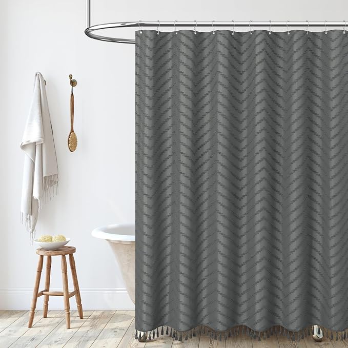 Extra Long Boho Shower Curtain Tufted Chevron 72x96 Charcoal Grey | 96 Inch Tall, Elegant Tassel, Lightweight Textured Fabric, Water Repellent, Washable, Hotel Spa, for Bathroom/Dorm 12 Hooks