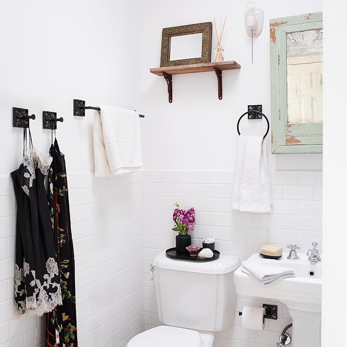 Autumn Alley 5 PC Matte Black Modern Bathroom Accessories Set, Wall Mounted - Towel Rack, Hand Towel Ring, Industrial Toilet Paper Holder, and 2 Towel Robe Hook for Bathroom Hardware Set
