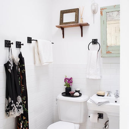 Autumn Alley 5 PC Matte Black Modern Bathroom Accessories Set, Wall Mounted - Towel Rack, Hand Towel Ring, Industrial Toilet Paper Holder, and 2 Towel Robe Hook for Bathroom Hardware Set