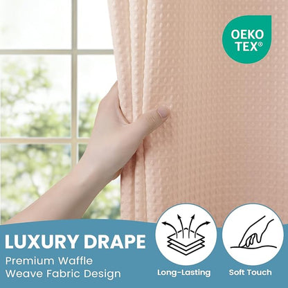 SORTTO No Hook Shower Curtain with Snap in Liner Set Waffle Shower Curtain for Bathroom Hotel Style Fabric Waterproof Inner Liner，71" W x 74" H, Blush Pink
