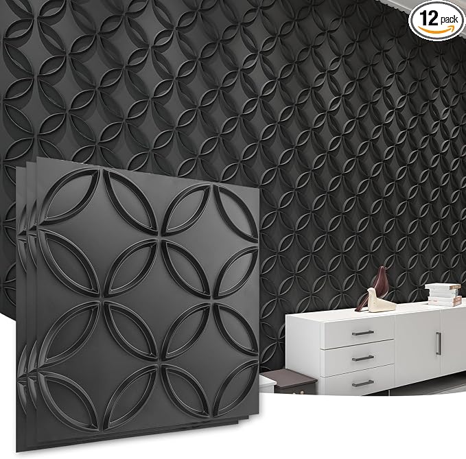 Art3d PVC 3D Wall Panel Interlocked Circles in Matt Black Cover 32 Sq.ft, for Interior Ceiling and Wall Decor for Residential or Commerical | Waterproof, Scratch Resistant, Wall & Ceiling Decor Panels, Ideal for Commercial Spaces