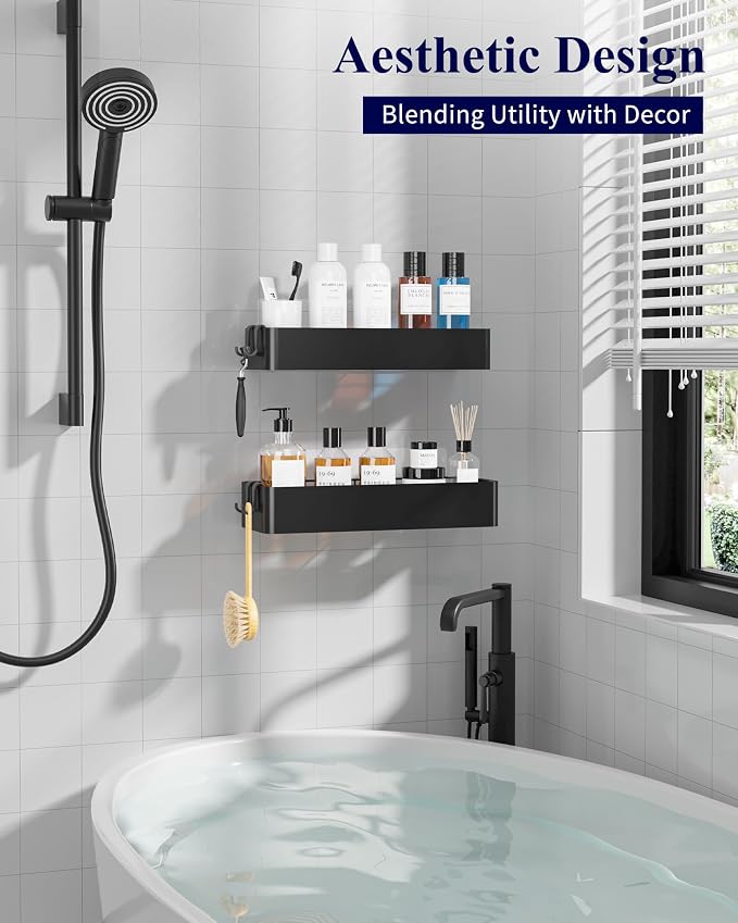Kitsure Shower Caddy - 2 Pack Adhesive Shower Organizer, Rustproof Metal Shelves, No-Drill Bathroom Organizers and Storage, Black, XX-Large | 2 Pack Shower Shelf for Inside Shower, 100% Rustproof Metal Shelves, No-Drill Bathroom Organizers and Storage
