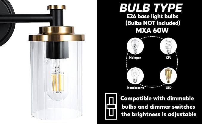 Bathroom Lighting Fixtures Black and Brass Bathroom Vanity Light with Cylindrical Clear Stripes Glass Lampshade E26 Socket Base Bathroom Lighting Fixtures Over Mirror (4 Lights)