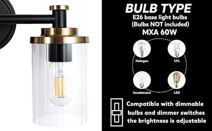 Bathroom Lighting Fixtures Black and Brass Bathroom Vanity Light with Cylindrical Clear Stripes Glass Lampshade E26 Socket Base Bathroom Lighting Fixtures Over Mirror (4 Lights)