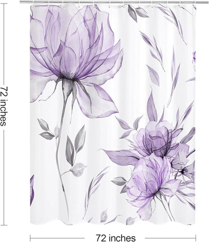 Litabel Lavender Boho Watercolor Floral Shower Curtain, Ink Painting Style Blossom & Leaf Shower Curtains for Chic Elegant Bathroom, Artistic Fabric Cloth Modern Flower Shower Curtain, 72x72