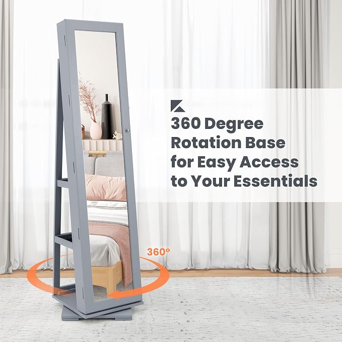COSTWAY 360 Rotating Jewelry Armoire Cabinet, Standing Jewelry Organizer w/Full-Length Mirror & Large Storage Space, Lockable Mirror Jewelry Cabinet for Girls Women (Grey)
