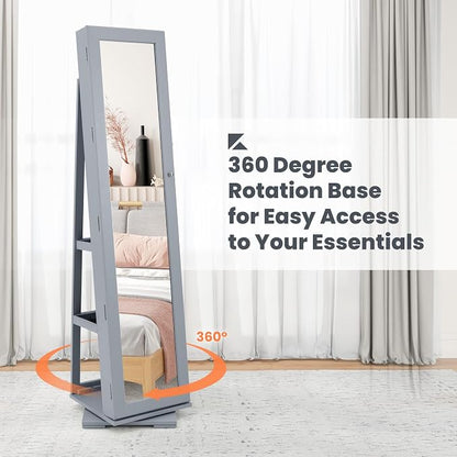 COSTWAY 360 Rotating Jewelry Armoire Cabinet, Standing Jewelry Organizer w/Full-Length Mirror & Large Storage Space, Lockable Mirror Jewelry Cabinet for Girls Women (Grey)