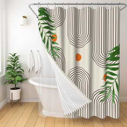 3 in 1 Shower Curtain Set, Boho Mid Century Modern, Green Leaf | 72x72 Inches Polyester Bath Curtain with Magnetic PEVA Liner and 12 Double Sided Stainless Steel Hooks