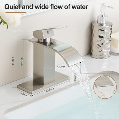 Waterfall Bathroom Faucet, Single Handle Brushed Nickel Sink Faucet 1 Hole or 3 Hole for Lavatory, Washbasin, Vanity, Commercial, with Deck, Pop-up Drain and Supply Hoses