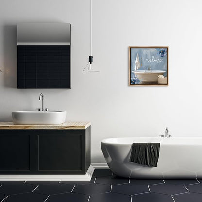 Blue Floral Bathroom Relax Scene, 17 x 17 Inch Canvas in Floater Frame | Stupell Industries · By Kim Allen · Ready to hang · Perfect for bath or laundry decor · Made in USA