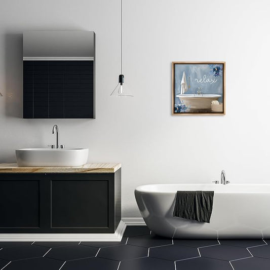 Blue Floral Bathroom Relax Scene, 17 x 17 Inch Canvas in Floater Frame | Stupell Industries · By Kim Allen · Ready to hang · Perfect for bath or laundry decor · Made in USA