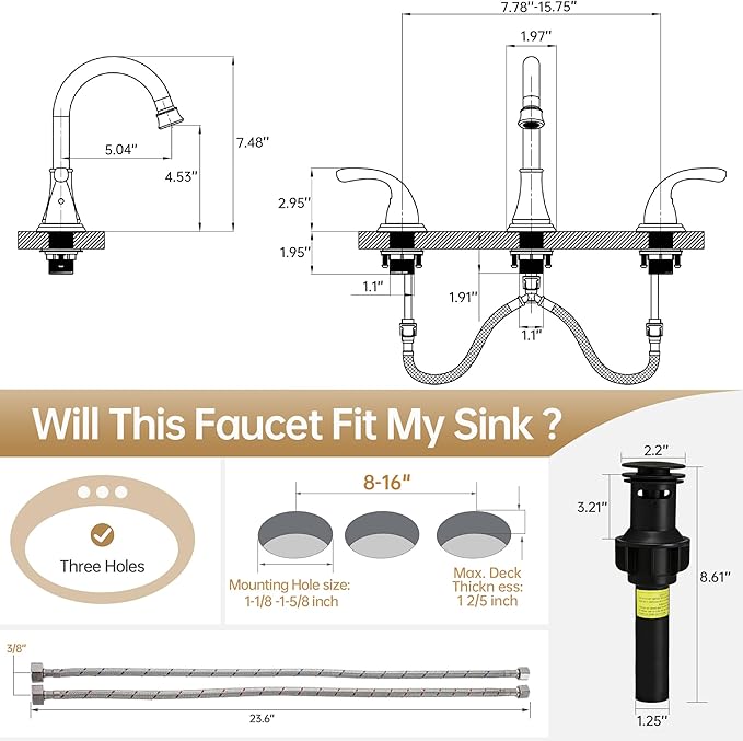 Bathroom Faucet 3 Holes, 8 Inch Widespread Faucet 2 Handle Bathroom Sink Faucets Lead-Free Matte Black Bath Sinks Faucets with Pop-up Drain Stopper and Supply Hoses
