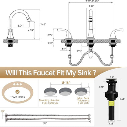 Bathroom Faucet 3 Holes, 8 Inch Widespread Faucet 2 Handle Bathroom Sink Faucets Lead-Free Matte Black Bath Sinks Faucets with Pop-up Drain Stopper and Supply Hoses