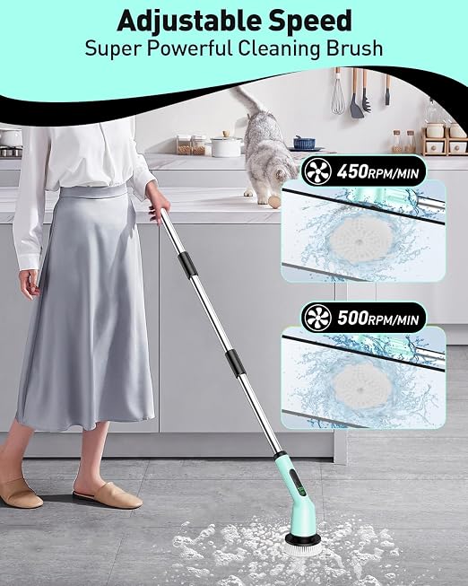 Electric Spin Scrubber for Bathroom, Shower Scrubber with Long Handle | Shower Cleaner Brushes, IPX7 Waterproof & 2 Speed, 3 Brush Heads, 90min Runtime, Bathroom Cleaning Supplies for Toilet Tub