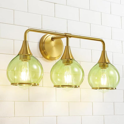 Brushed Gold Bathroom Vanity Light 3-Lights Bathroom Light Fixtures Over Mirror with Green Clear Glass Shade 22.4 inch Wall Sconce Lighting Bath(Exclude E26 Bulb)