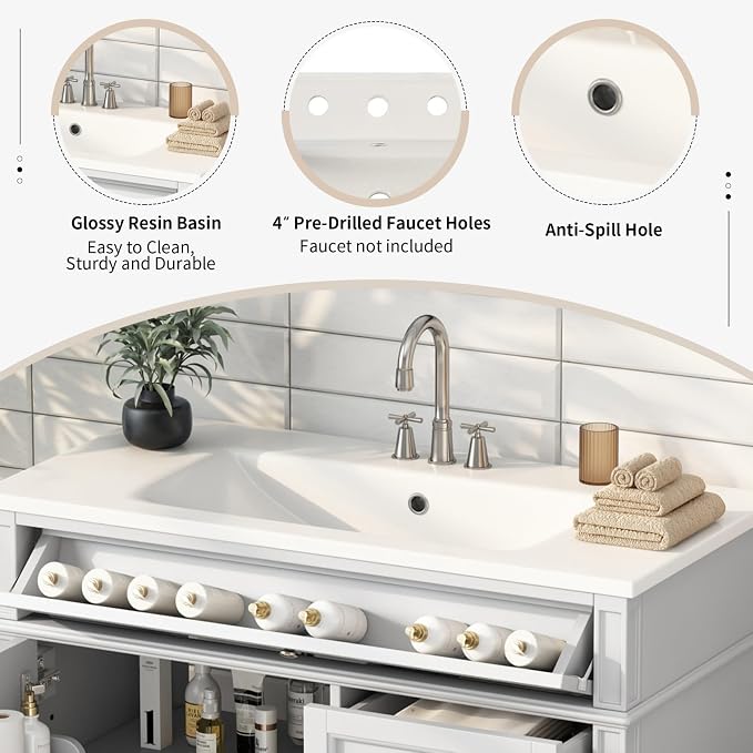 36'' Bathroom Vanity with Top Single Resin Sink Countertop Combo, Solid Wood Frame Modern Organizer Storage Cabinet, Tip-Out Drawer, Soft Closing Doors, Free Standing, White