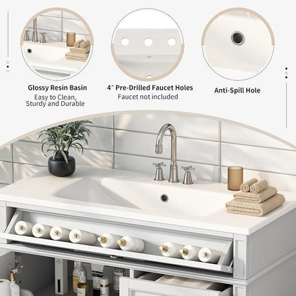 36'' Bathroom Vanity with Top Single Resin Sink Countertop Combo, Solid Wood Frame Modern Organizer Storage Cabinet, Tip-Out Drawer, Soft Closing Doors, Free Standing, White