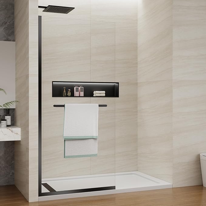 Shower Screen 36" x 76" Shower Wall Panel Matte Black Towel Bar | Tempered Glass 3/8 inch, Half Frameless Shower Wall Panel, Easy to clean Coating, Fixed Glass Shower Door With Hardware