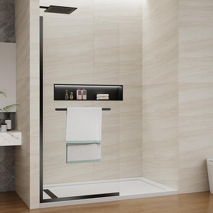 Shower Screen 36" x 76" Shower Wall Panel Matte Black Towel Bar | Tempered Glass 3/8 inch, Half Frameless Shower Wall Panel, Easy to clean Coating, Fixed Glass Shower Door With Hardware