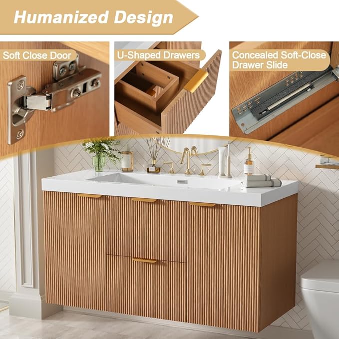 42 Inch Floating Bathroom Vanity with Thick SMC Countertop Single Sink, Wall Mounted Bathroom Vanities Wood Grain Vanity for Bathrooms with 2 Soft-Close Doors 2 Fluted Drawers, Easy Assembly (Wood)