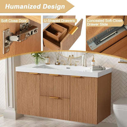 42 Inch Floating Bathroom Vanity with Thick SMC Countertop Single Sink, Wall Mounted Bathroom Vanities Wood Grain Vanity for Bathrooms with 2 Soft-Close Doors 2 Fluted Drawers, Easy Assembly (Wood)