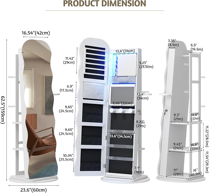 Vlsrka 360° Swivel Jewelry Armoire with Full Length Wave Mirror, White | Lockable Mirror Jewelry Cabinet Standing, Interior LED Makeup Mirror, Foldable Shelf, Large Capacity, Gift for Women, Girls