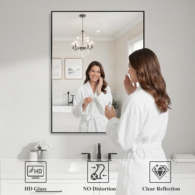Koonmi Black Mirrors for Wall, 30x36 Inch Bathroom Mirror, Rectangular Wall Mirror for Living Room Bedroom Bathroom, Hangs Horizontally or Vertically