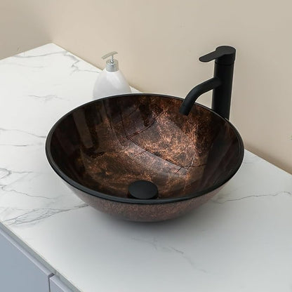 Sarlai Round Vessel Sink Tempered Glass Bathroom Vessel Sink with Faucet and Pop-up Drain Combo 16-1/2 x 16-1/2 Inch Brown Countertop Bathroom Sink Basin