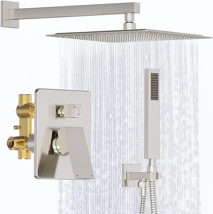 Shower System, 12 Inch Bathroom Shower Faucet Set, Brushed Nickel Shower Head and Handle Set, Shower Faucet with Valve and Shower Trim Kit, High Pressure Rain Shower Head Set, Wall Mounted
