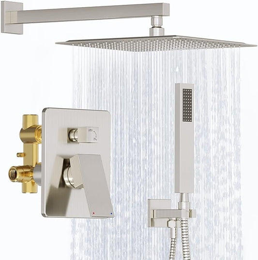 Shower System, 12 Inch Bathroom Shower Faucet Set, Brushed Nickel Shower Head and Handle Set, Shower Faucet with Valve and Shower Trim Kit, High Pressure Rain Shower Head Set, Wall Mounted
