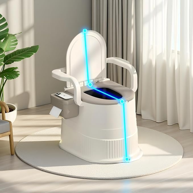 Portable toilet seat with armrests, with lid, with tissue holder, with seat function, robust, easy to clean, no power connection required, suitable for indoor and outdoor use (Blue)