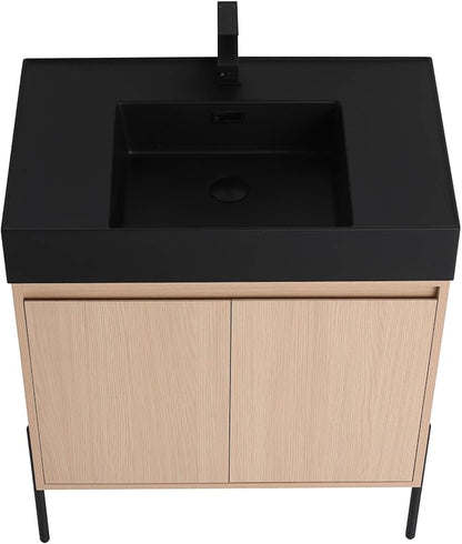 Crownpoint 30 Inch Bathroom Vanity with Sink, Black Sink, White Oak Finish, Full Assembly Required, Elegant Bathroom Vanities for Modern Homes