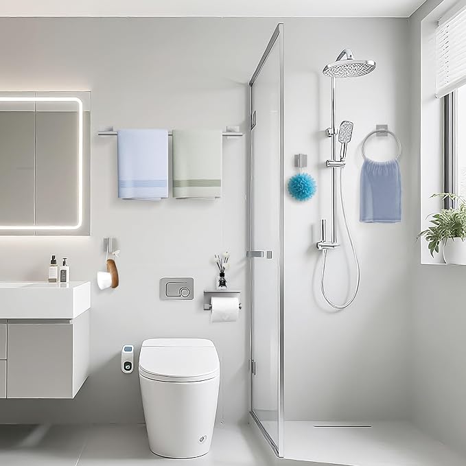 TURS 5-Pieces Brushed Nickel Bathroom Hardware Set 23.6 Inch SUS304 Stainless Steel Towel Bar Set Wall Mounted Square Toilet Paper Holder with Shelf