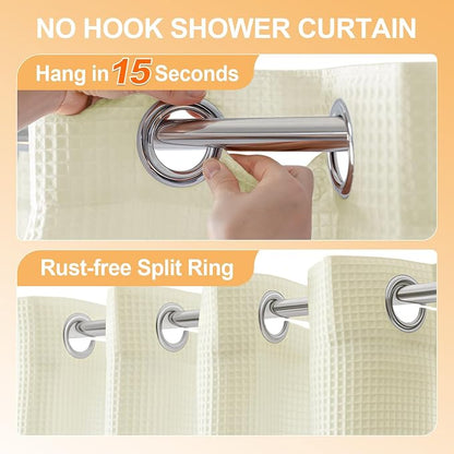 River Dream Cotton Blend No Hook Shower Curtain with Liner, Cream, 71x74 | with Snap in Liner, Heavyweight Waffle Fabric, Hotel Grade for Bathroom, Water Repellent, Corner Magnets, Machine Washable