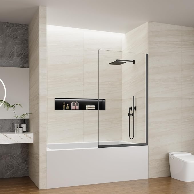 Bathtub Shower Screen 35" x 60" Shower Tub Wall Panel Matte Black | Tempered Glass 3/8 inch, Half Frameless Shower Wall Panel, Easy to clean Coating, Fixed Glass Shower Door With Hardware