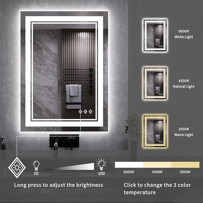 LED Mirror, 20x28 Inch Gradient Front and Backlit LED Bathroom Mirror, 3 Colors Dimmable CRI>90, IP54 Enhanced Anti-Fog Bathroom Mirror with Lights