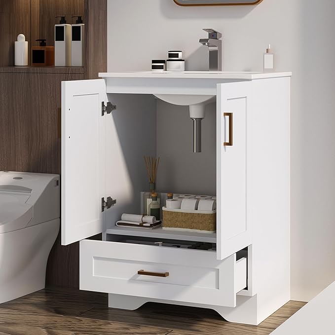 24 inch Bathroom Vanity with Sink, Modern White Vanity for Bathroom with Undermount Ceramic Sink, Freestanding 2-Door & 1-Drawer Storage Cabinet, for Small Bathroom Space, (White, 24")