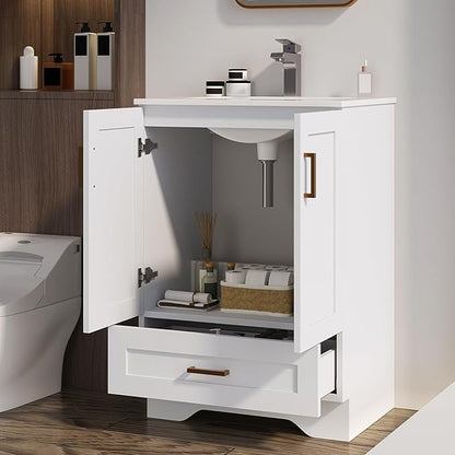 24 inch Bathroom Vanity with Sink, Modern White Vanity for Bathroom with Undermount Ceramic Sink, Freestanding 2-Door & 1-Drawer Storage Cabinet, for Small Bathroom Space, (White, 24")