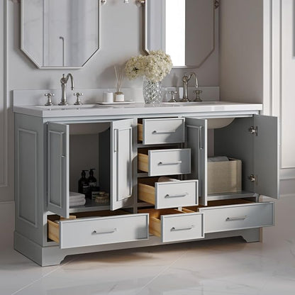 ARIEL Stafford 60-inch Bathroom Vanity with Sink,Solid Wood, 1.5-inch Pure White Quartz Countertop & Backsplash, Double Rectangular Porcelain Sink, 4 Soft Closing Doors, 6 Dovetail Drawers, Grey