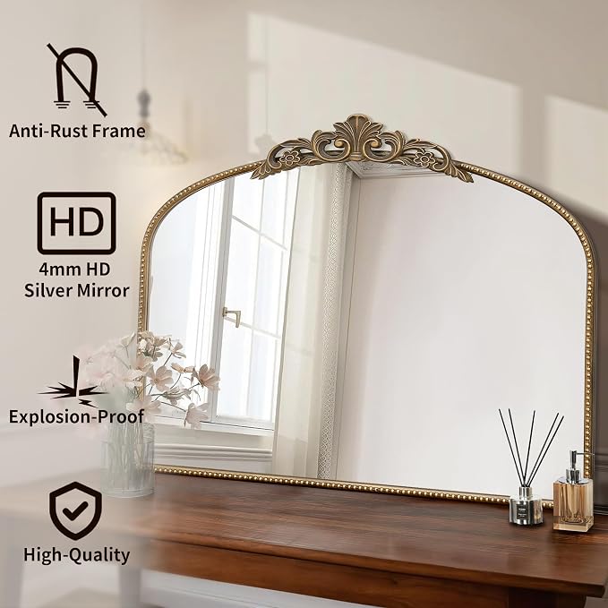 Micasso Vintage Gold Wall Mirror: 40"x29" Baroque Antique Arched Mirror | Traditional Ornate French Decorative Mirror for Bedroom/Bathroom/Fireplace/Entryway/Hallway/Dresser/Vanity/Mantel/Nightstand