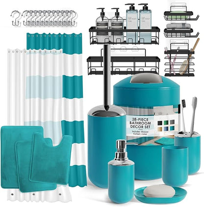 Clara Clark Bathroom Accessories Set - 28PC Bathroom Set with Adhesive Corner Shower Caddy Hanging, Bathroom Sets with Shower Curtain and Rugs, Teal Shower Curtain Set with Bathroom Trash Can