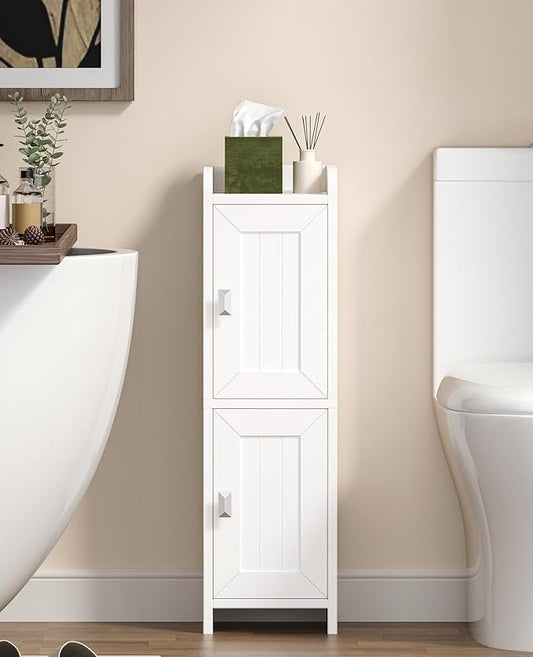 Small Bathroom Cabinet with 2 Doors, 7.9''D x 7.9''W Narrow Toilet Paper Storage Cabinet, Bathroom Organizer for Small Spaces, Slim Corner Unit with Adjustable Shelf, White